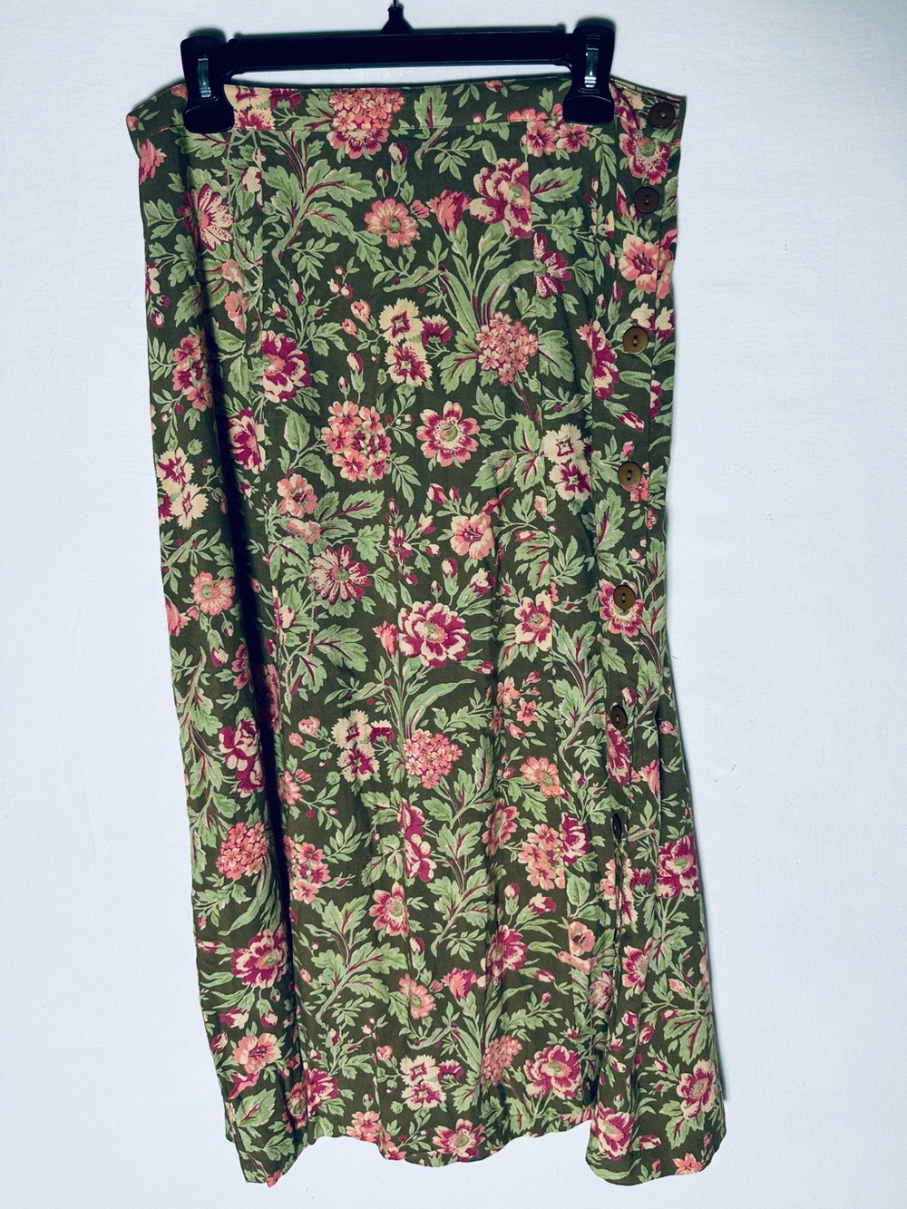 April Cornell Green Pink Floral Rayon Button Side Midi Skirt M Cottagecore
